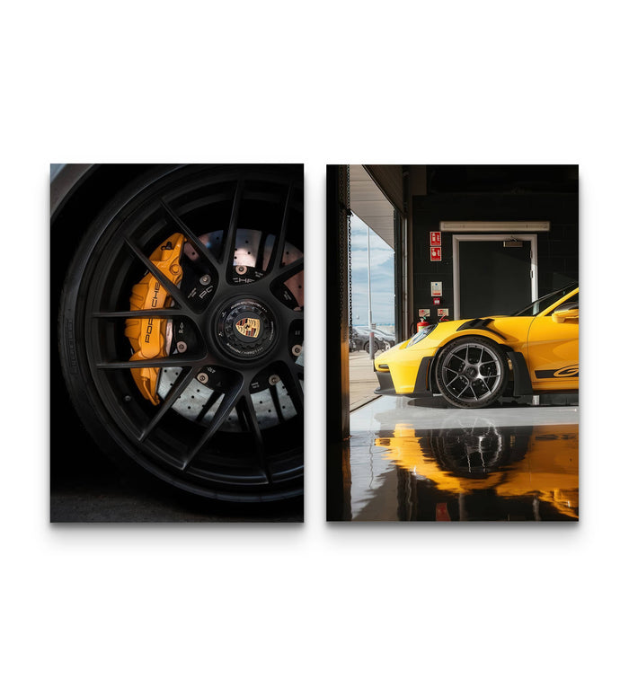 Duo poster set of a yellow Porsche GT3 RS showing wheel detail with brake caliper beside a garage side profile view