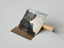 Giant KAWS Companion sculpture in desert poster styled above furniture in a modern room