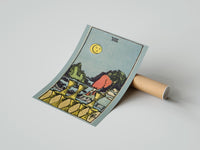 Gently curled Eight of Cups print beside its protective shipping tube