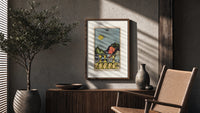Figure walking away from eight cups poster framed above a fluted sideboard beside an olive tree