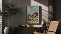 Eight of Cups poster framed above a fluted sideboard beside a potted tree