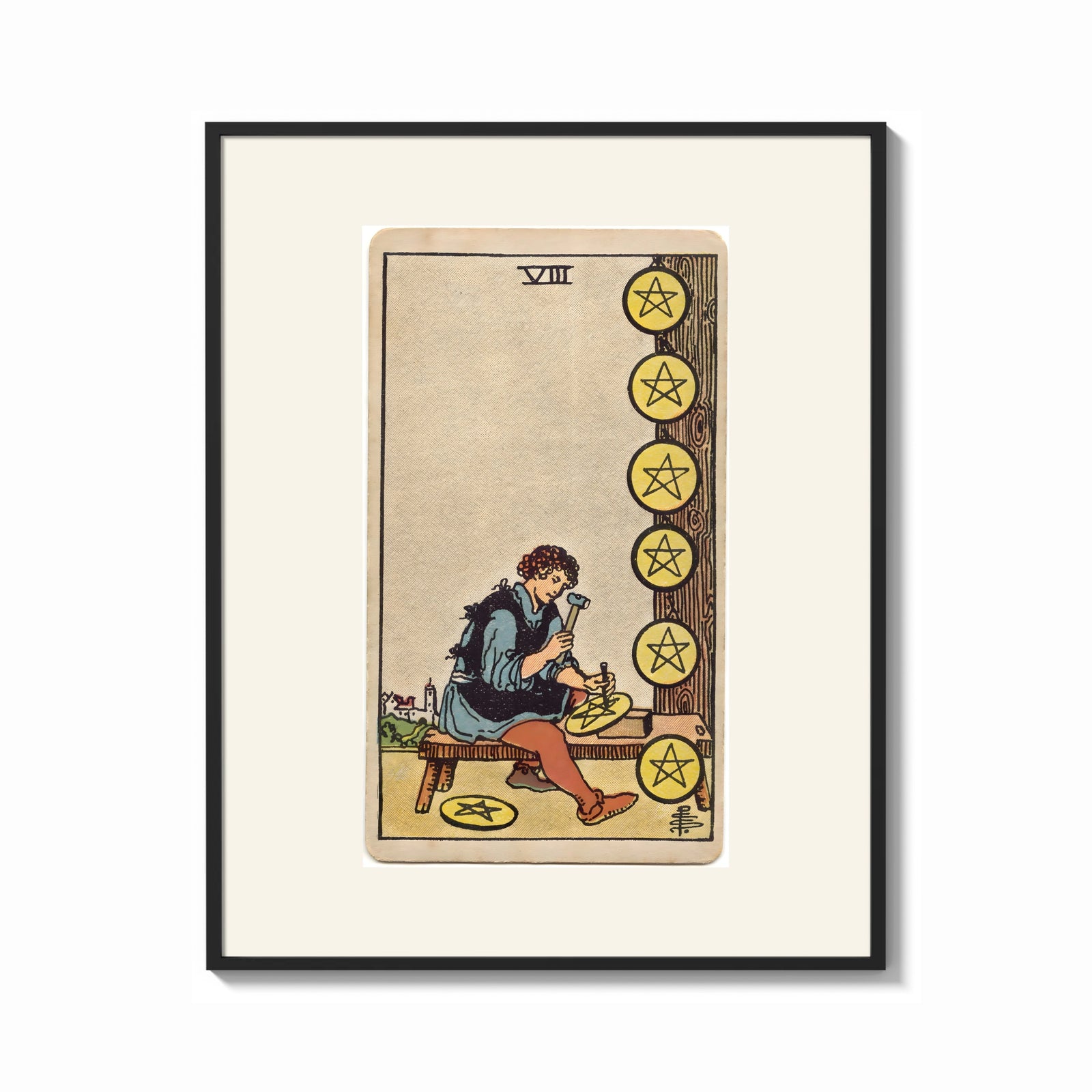 Framed Craftsman carving pentacle coins print shown as a bold statement piece on a clean gallery wall