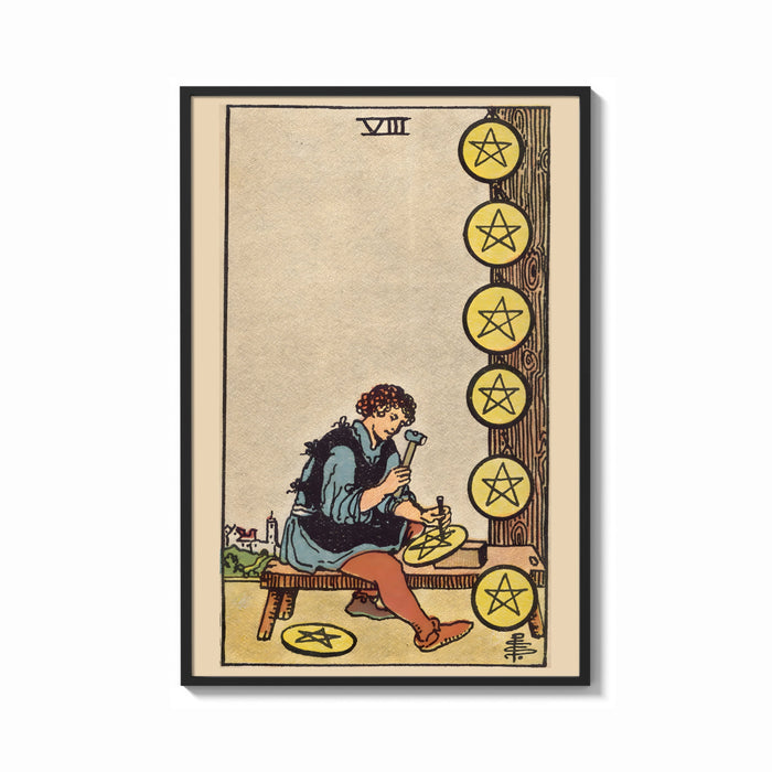 Framed Eight of Pentacles print shown as a bold statement piece on a clean gallery wall