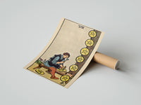 Gently curled Eight of Pentacles print beside its protective shipping tube
