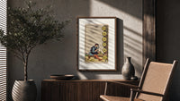 Craftsman carving pentacle coins poster framed above a fluted sideboard beside an olive tree