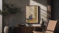 Eight of Pentacles poster framed above a fluted sideboard beside a potted tree