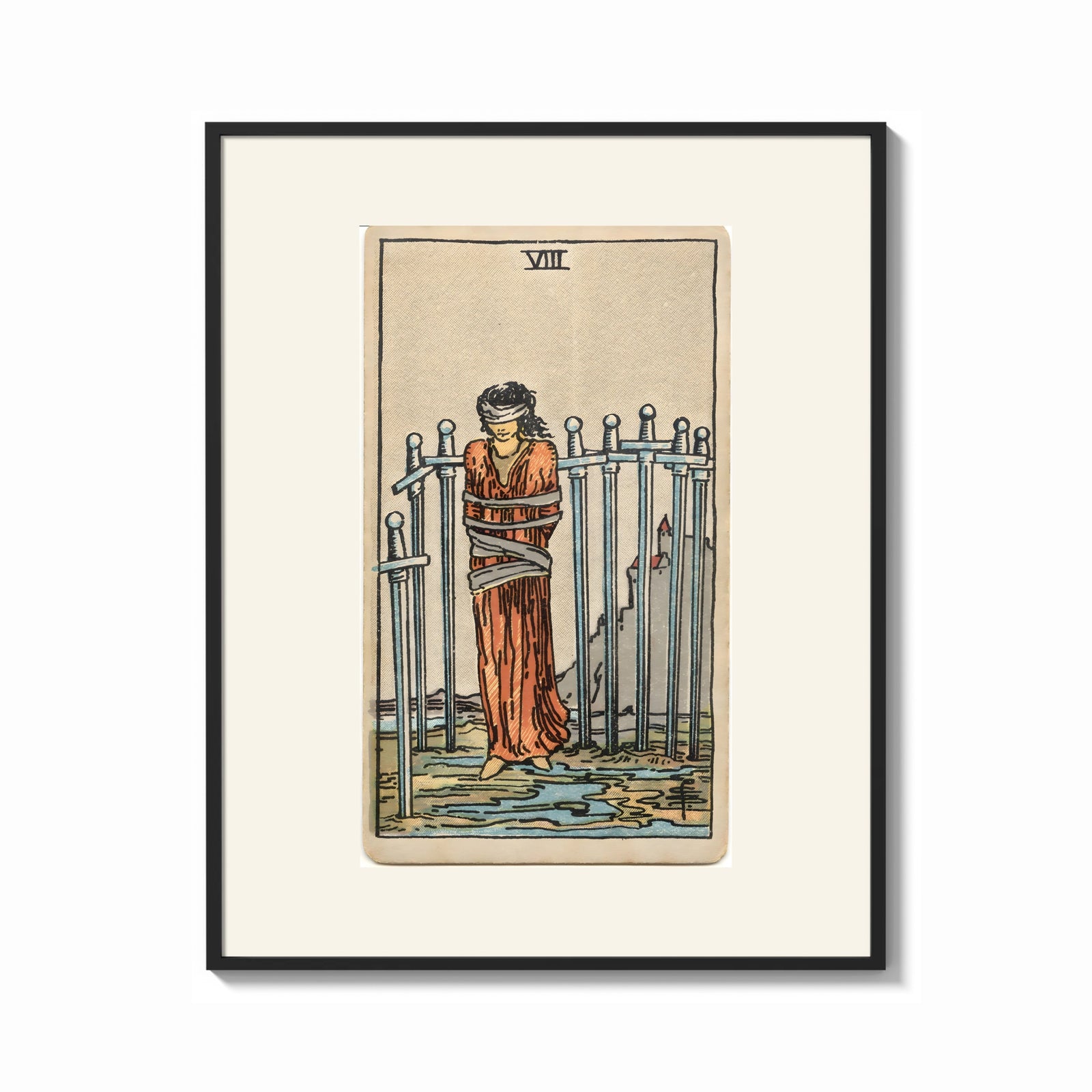 Framed Blindfolded bound woman among swords print shown as a bold statement piece on a clean gallery wall