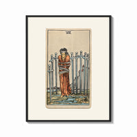 Framed Blindfolded bound woman among swords print shown as a bold statement piece on a clean gallery wall