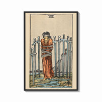 Framed Eight of Swords print shown as a bold statement piece on a clean gallery wall