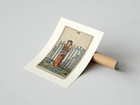 Rolled Blindfolded bound woman among swords poster beside its crush-resistant kraft shipping tube