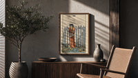 Eight of Swords poster framed above a fluted sideboard beside a potted tree