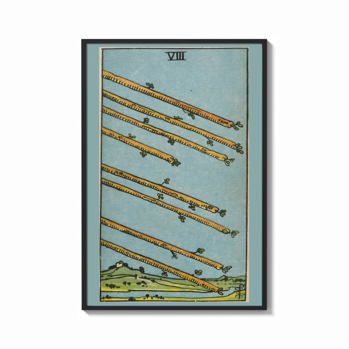 Framed Eight of Wands print shown as a bold statement piece on a clean gallery wall