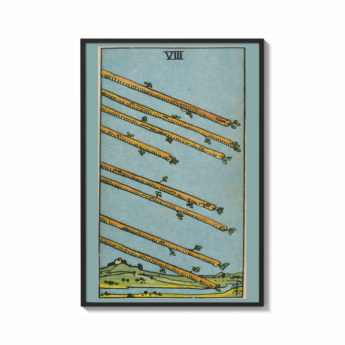 Framed Eight of Wands print shown as a bold statement piece on a clean gallery wall