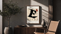Butterfly on giant letter E poster framed above a fluted sideboard beside an olive tree