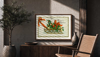 Christmas sled with holly and ribbon print in a wood frame above a fluted sideboard beside an olive tree