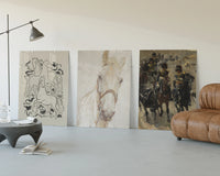 Horses and mounted cavalry soldiers three-panel set displayed beside a brown leather sofa
