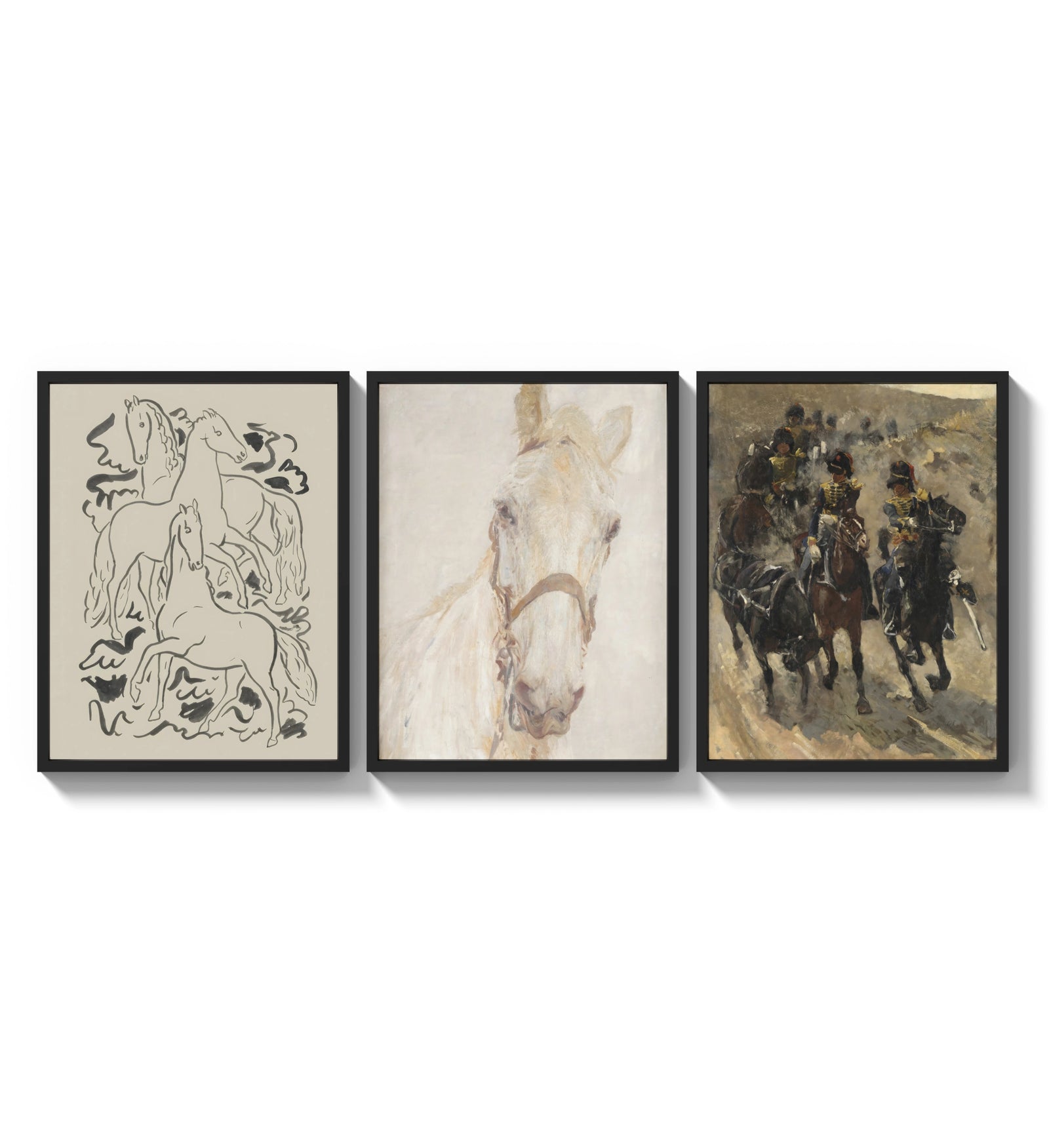 Horses and mounted cavalry soldiers three-panel set arranged as a triptych on a bright gallery wall
