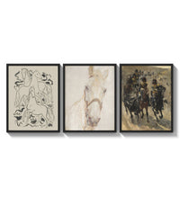 Horses and mounted cavalry soldiers three-panel set arranged as a triptych on a bright gallery wall