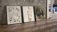 Horses and mounted cavalry soldiers three-piece set leaning on parquet beside a vintage loft door