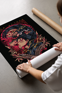 Eren Yeager Titan profile illustration print laid flat in a styling flatlay