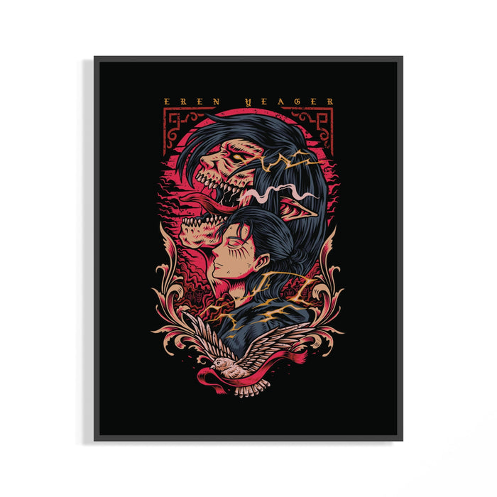 Framed Eren Yeager Titan profile illustration print displayed as a statement piece
