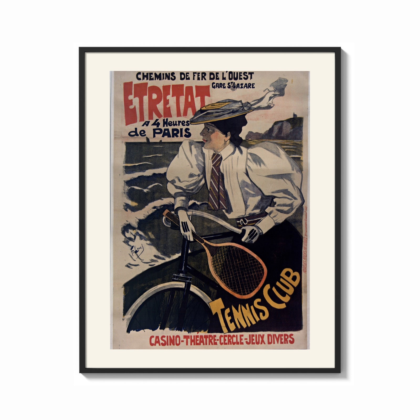 Framed woman on bicycle with tennis racket print shown as a bold statement piece on a clean gallery wall
