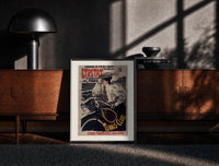 Black-framed woman on bicycle with tennis racket print on a moody console with designer coffee-table books