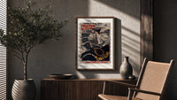 Woman on bicycle with tennis racket poster framed above a fluted sideboard beside an olive tree