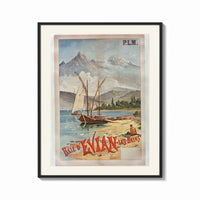 Framed sailboats on alpine lake bay print shown as a bold statement piece on a clean gallery wall