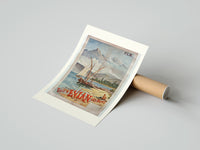 Rolled sailboats on alpine lake bay poster beside its crush-resistant kraft shipping tube