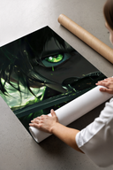 Anime boy with green eye print laid flat in a styling flatlay