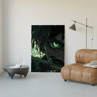 Anime boy with green eye poster framed in a luxury living-room setting