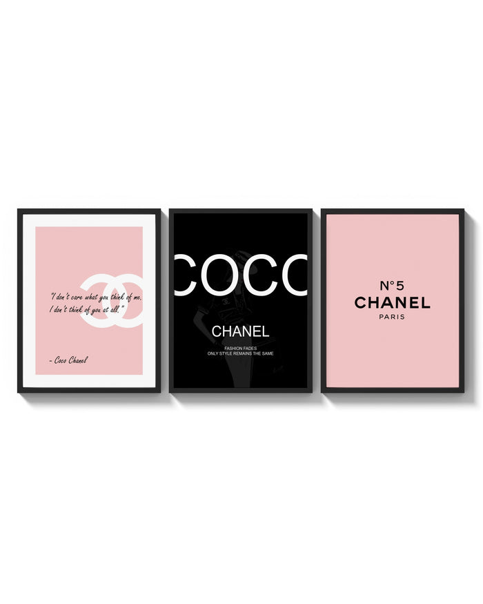 Chanel Wall Art Set triptych arranged on a bright gallery wall
