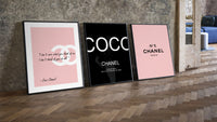 Chanel Wall Art Set three-piece set leaning on parquet beside a vintage loft door