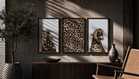 Leopard Print Wall Art Set triptych in three walnut frames above a sideboard in a warm room