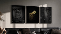 Black & Gold Playing Card triptych in three black frames on a grey wall above a leather sofa