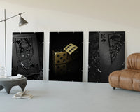 Black & Gold Playing Card three-panel set displayed beside a brown leather sofa