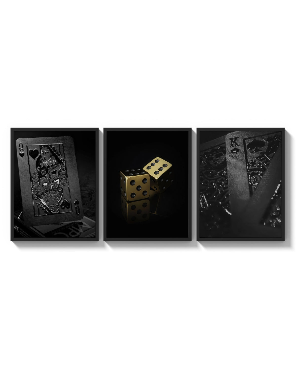 Black & Gold Playing Card triptych arranged on a bright gallery wall