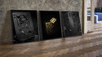 Black & Gold Playing Card three-piece set leaning on parquet beside a vintage loft door