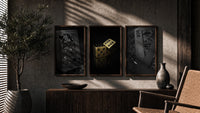 Black & Gold Playing Card triptych in three walnut frames above a sideboard in a warm room