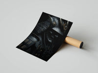Feudal samurai poster with a kanji-inscribed chest plate displayed beside a cardboard shipping tube