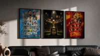 World Cup 2026 football team posters triptych in three black frames on a grey wall above a leather sofa