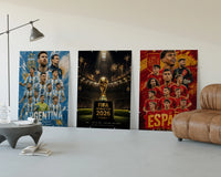 World Cup 2026 football team posters three-panel set displayed beside a brown leather sofa