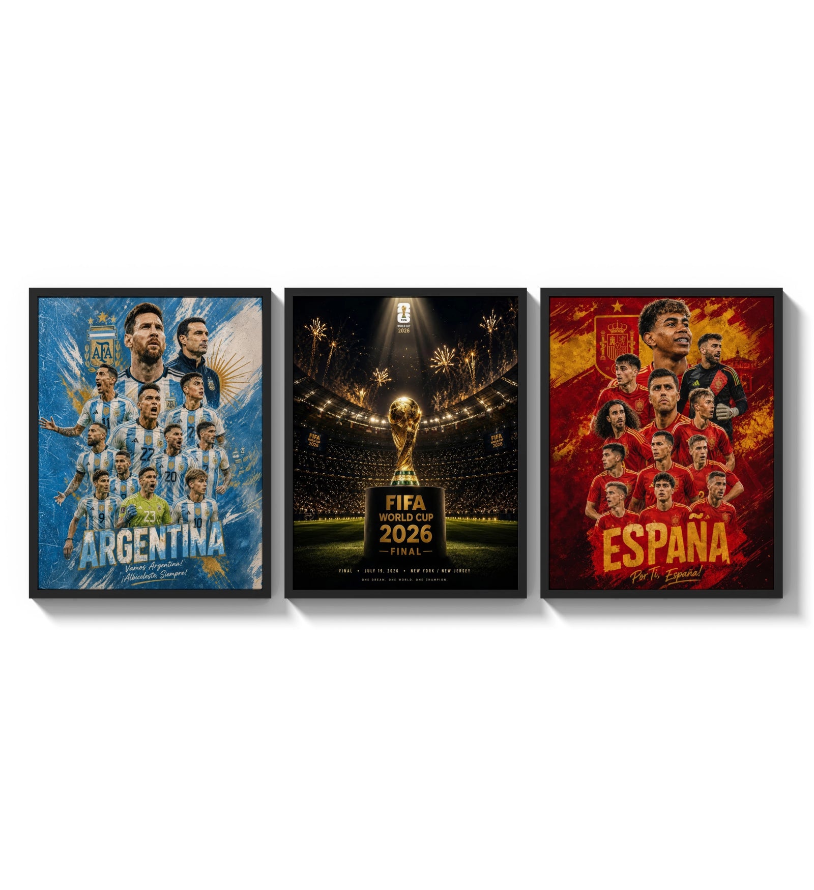 World Cup 2026 football team posters three-panel set arranged as a triptych on a bright gallery wall