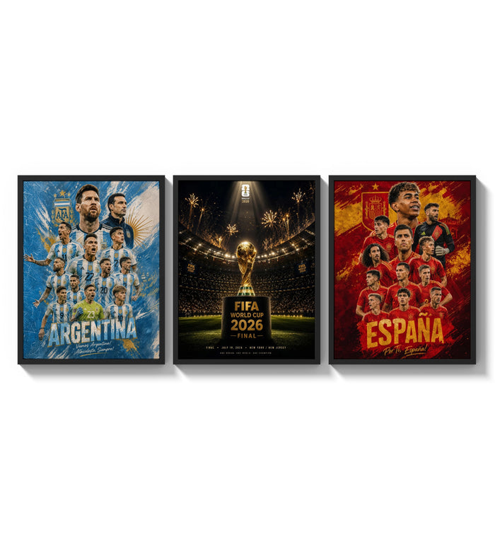 World Cup 2026 football team posters three-panel set arranged as a triptych on a bright gallery wall