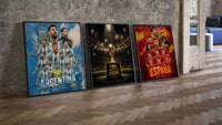 World Cup 2026 football team posters three-piece set leaning on parquet beside a vintage loft door