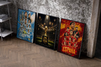 World Cup 2026 football team posters set of three black-framed prints leaning against a raw-plaster wall