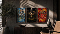 World Cup 2026 football team posters triptych in three walnut frames above a sideboard in a warm room