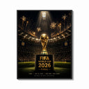Framed FIFA World Cup trophy on pedestal print shown as a bold statement piece on a clean gallery wall