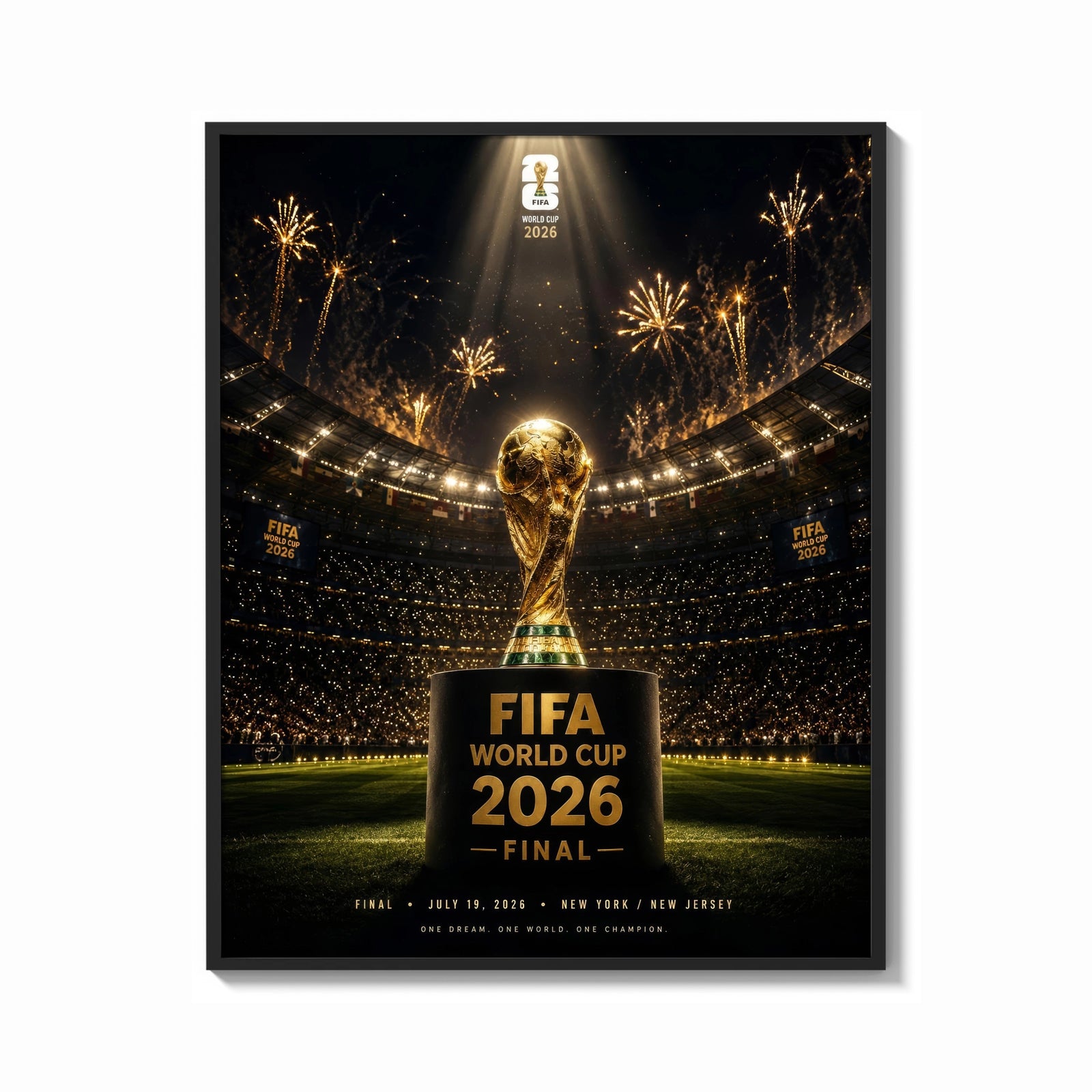 Framed FIFA World Cup trophy on pedestal print shown as a bold statement piece on a clean gallery wall